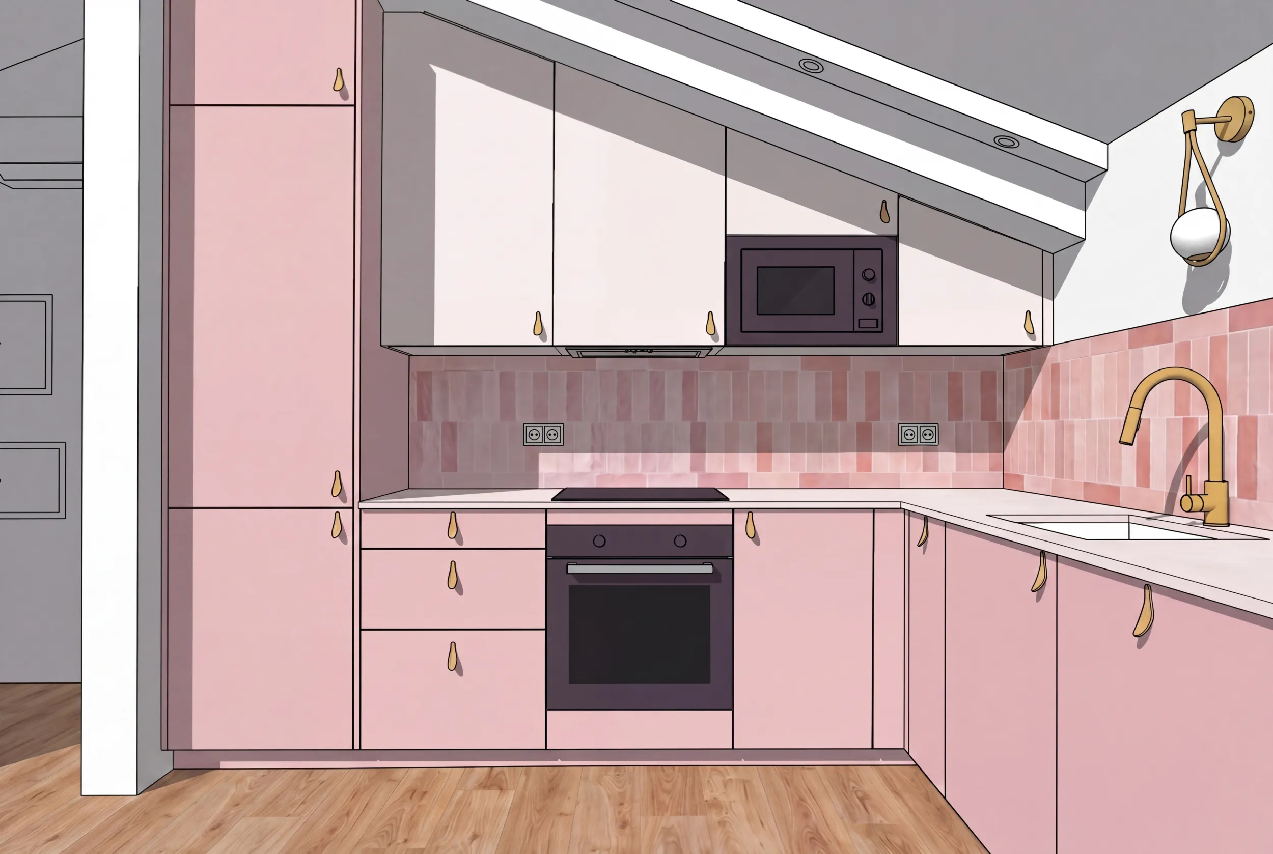 Vista kitchen design rendering &mdash; 2D drawing of the lavender cabinetry, pink tile backsplash, brass fixtures, oak floor, view to dining beyond