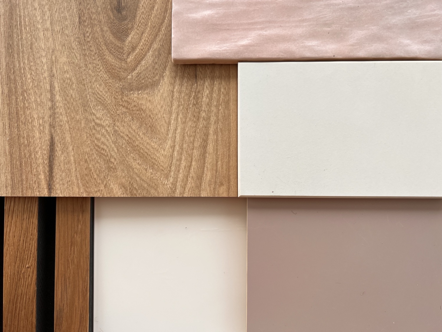 Vista material selection &mdash; honey oak floor, oak slat samples, dusty pink ceramic tile, cream ceramic tile, lavender lacquer paint sample