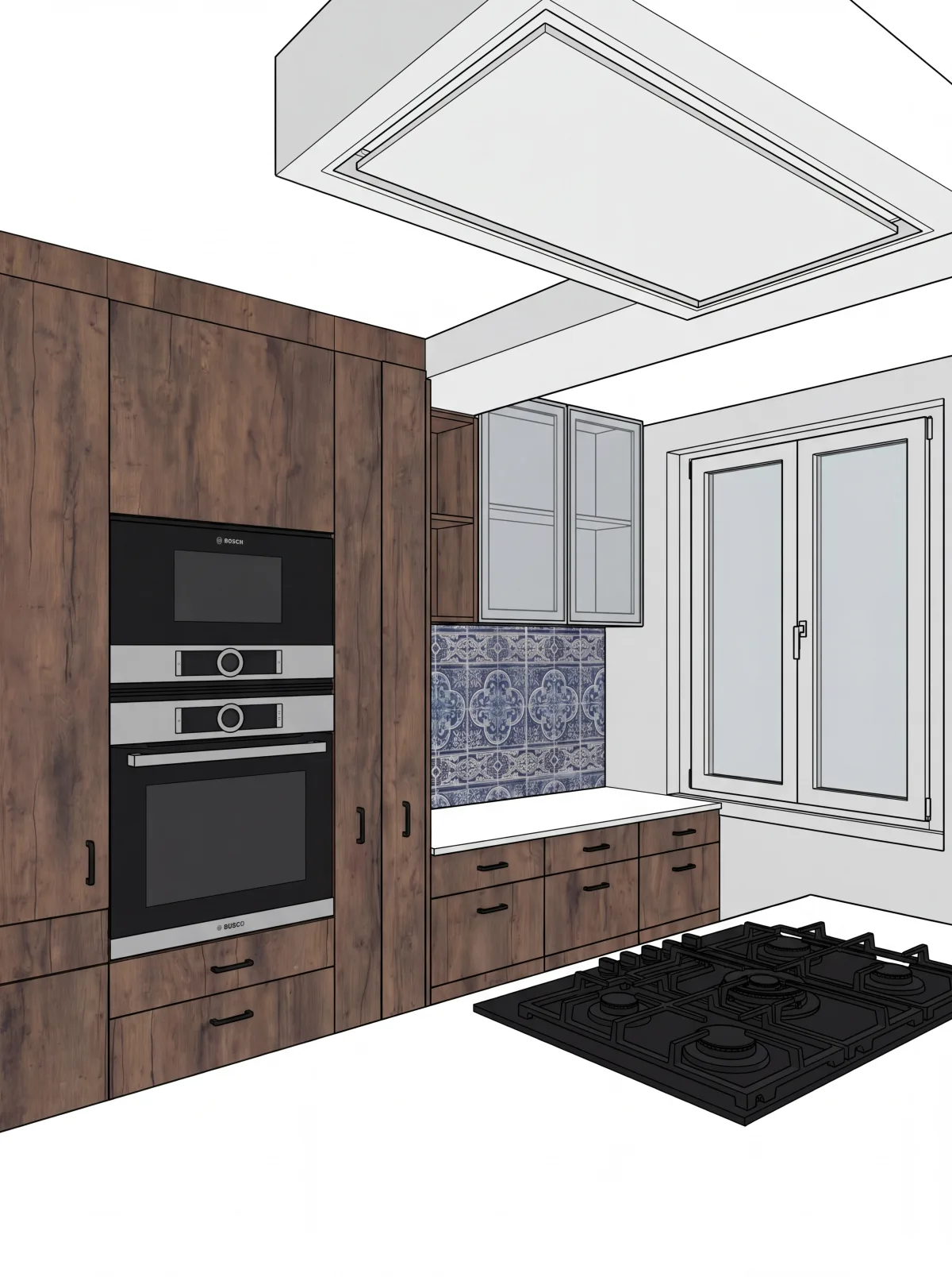 Render 3D da cozinha Azulejo &mdash; armaria em nogueira, friso em azulejo cer&acirc;mico azul, fornos encastrados Bosch, bancada branca com placa a g&aacute;s
