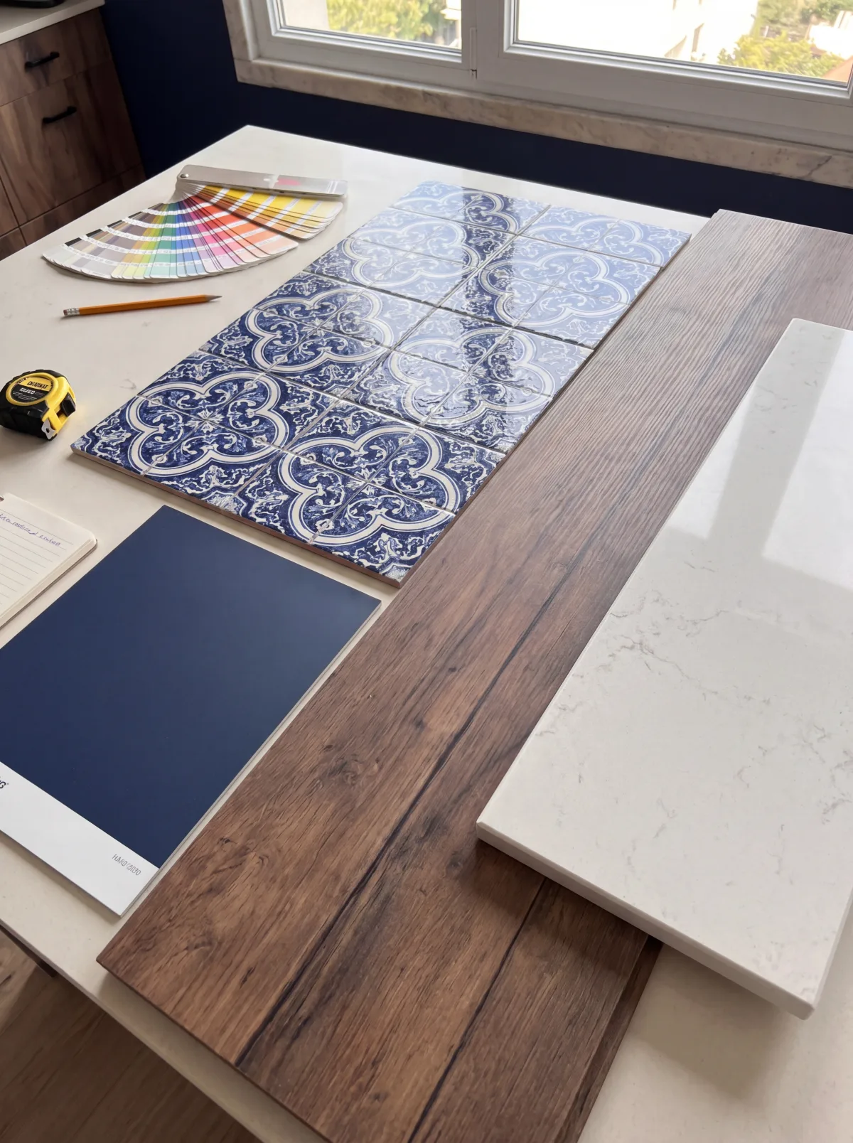 Amostras de materiais na mesa da Maja &mdash; azulejo portugu&ecirc;s, madeira de nogueira, quartzo branco, tinta navy, leque Pantone