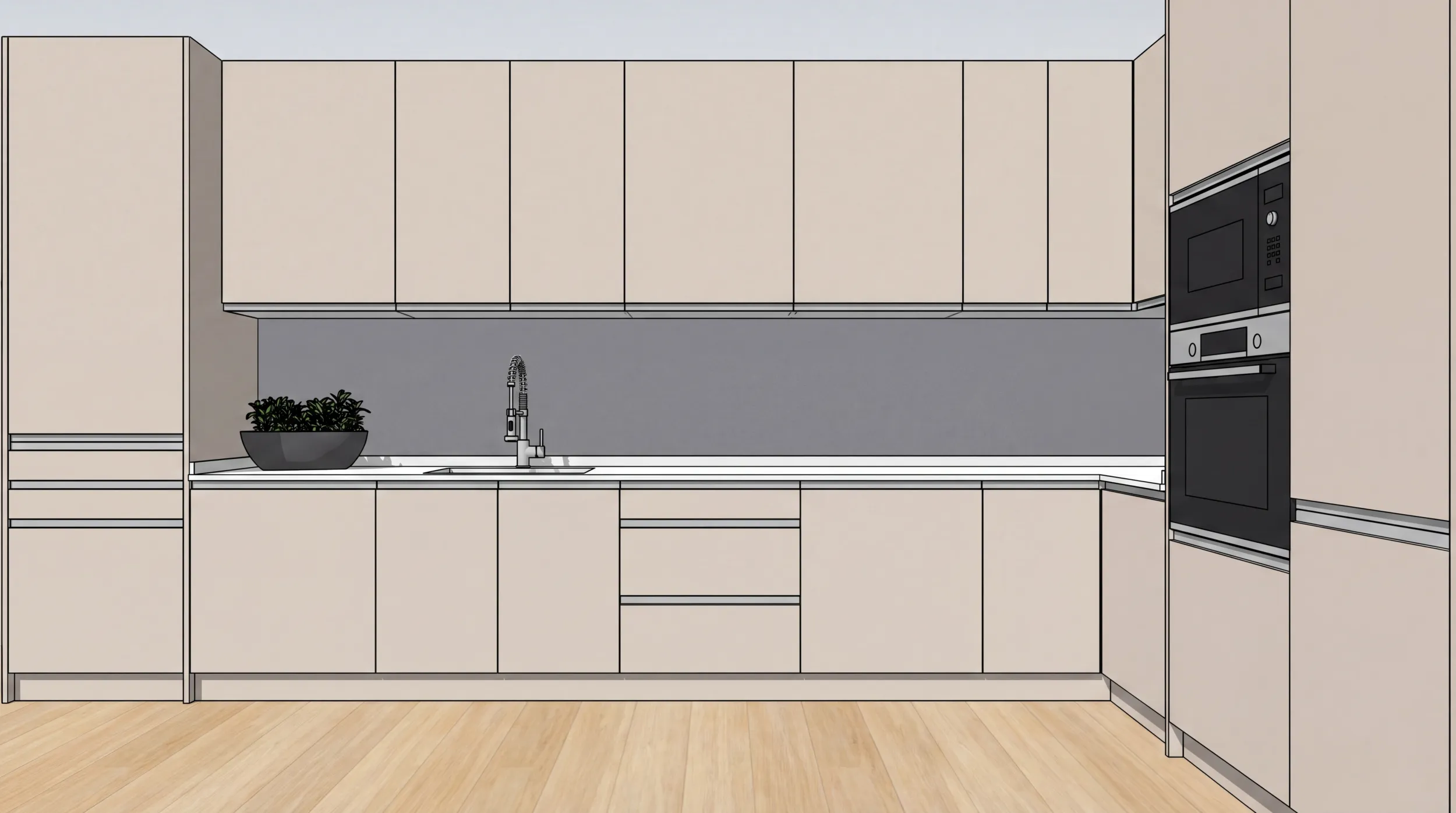 Render do projeto Figueiras &mdash; a cozinha em espa&ccedil;o aberto com arm&aacute;rios em lil&aacute;s e backsplash em pedra cinza
