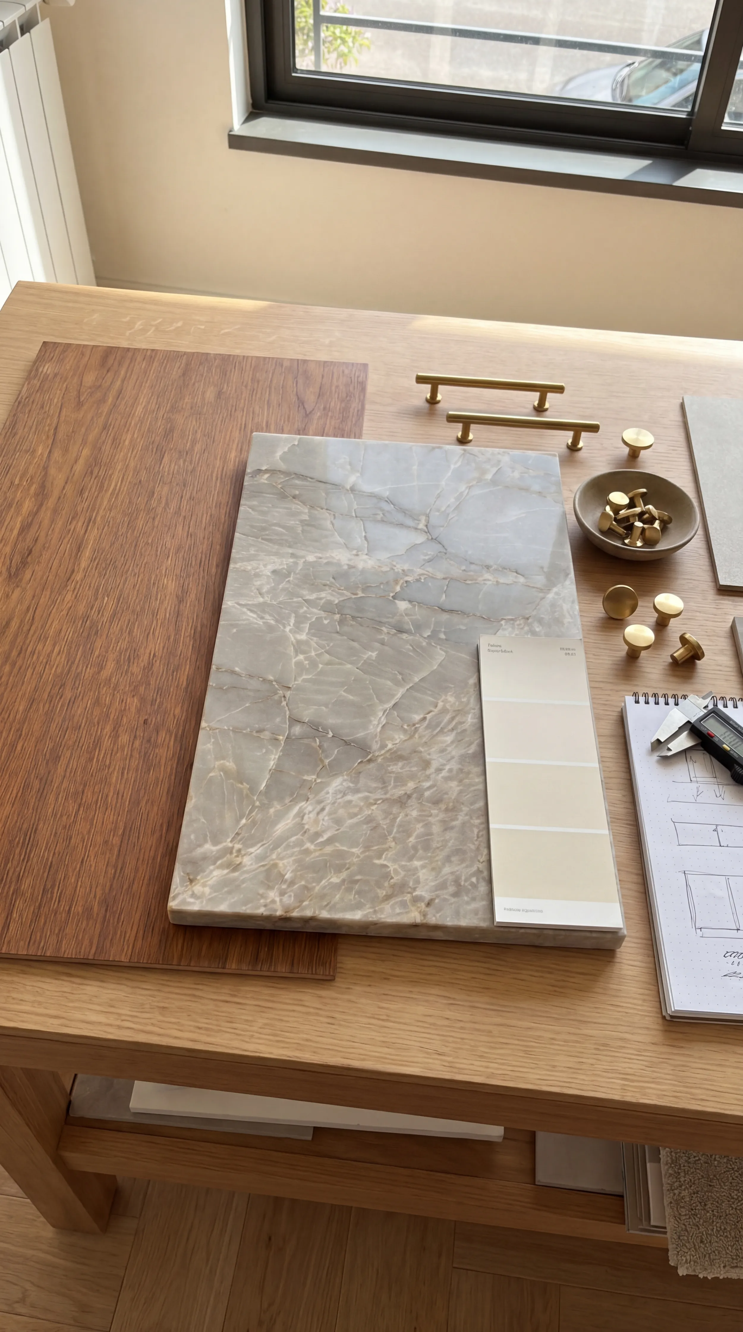 Belle Rivi&egrave;re material selection &mdash; chestnut, marble, oak, brushed brass