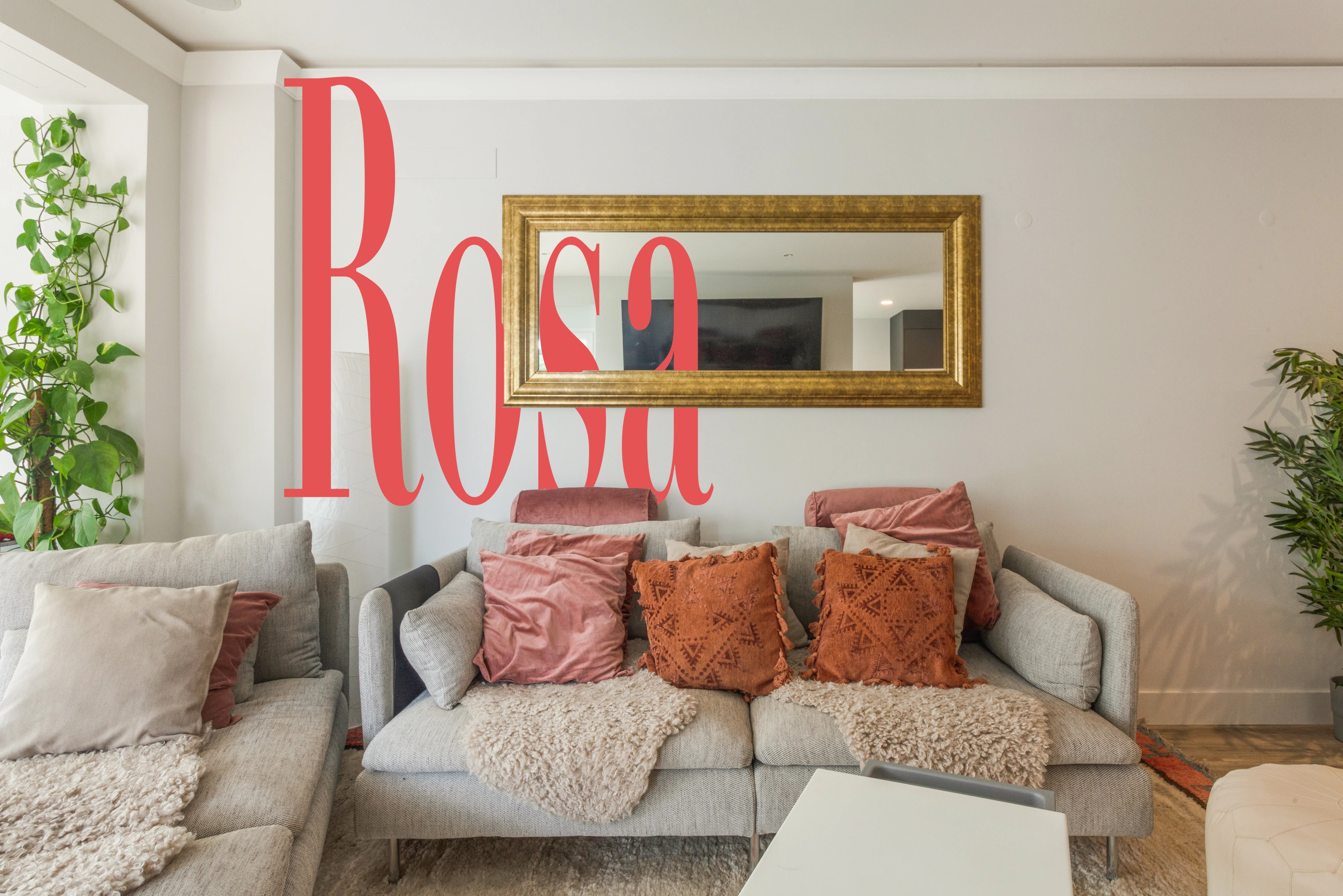 Rosa &mdash; the project name set across the hero photograph; below, the open-plan living room with contemporary fireplace, dark granite kitchen, saddle-tan leather barstools and pale oak floor