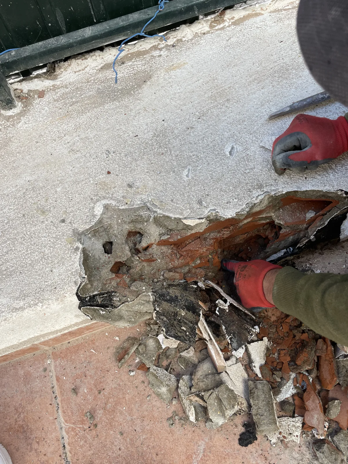 Rosa during &mdash; water damage revealed beneath the old terrace paving