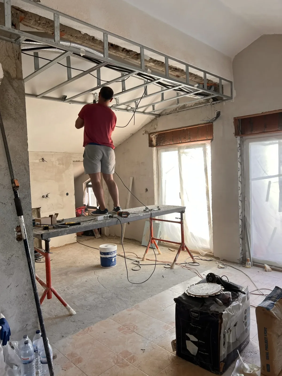 Vista mid-renovation &mdash; framing the new kitchen ceiling