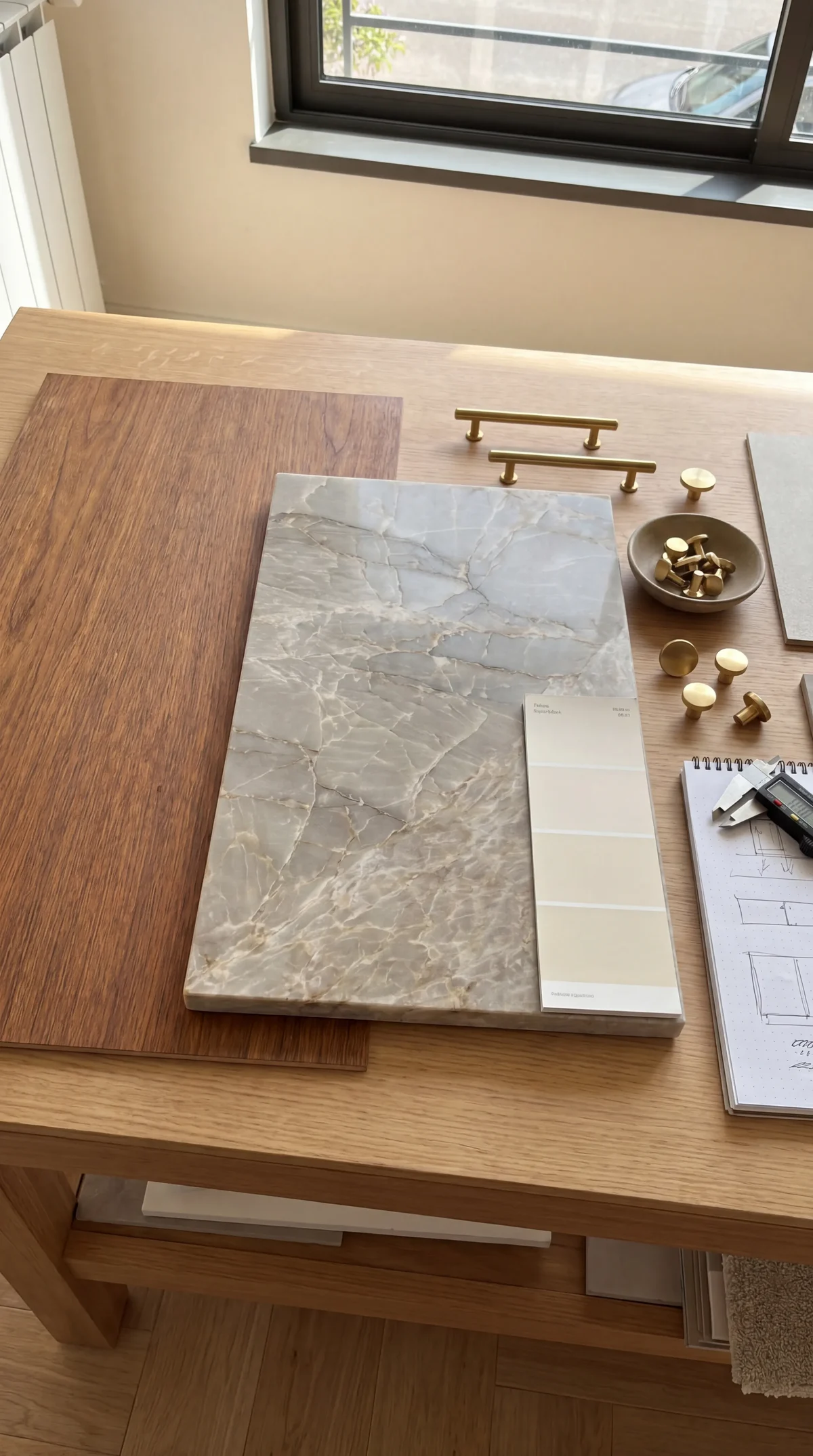 Belle Rivi&egrave;re material selection &mdash; chestnut, marble, oak, brushed brass