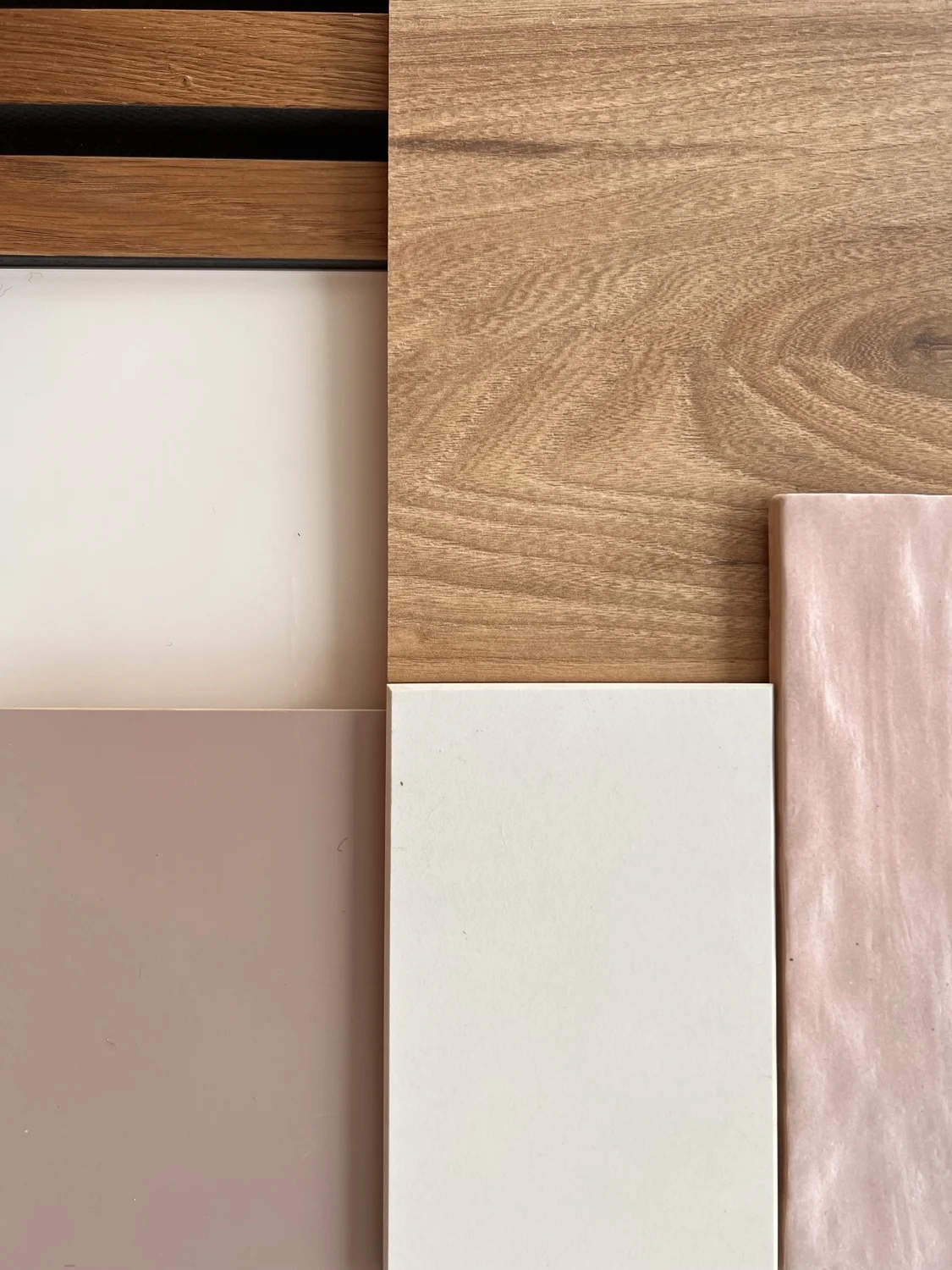 Vista material selection &mdash; honey oak floor, oak slat samples, dusty pink ceramic tile, cream ceramic tile, lavender lacquer paint sample