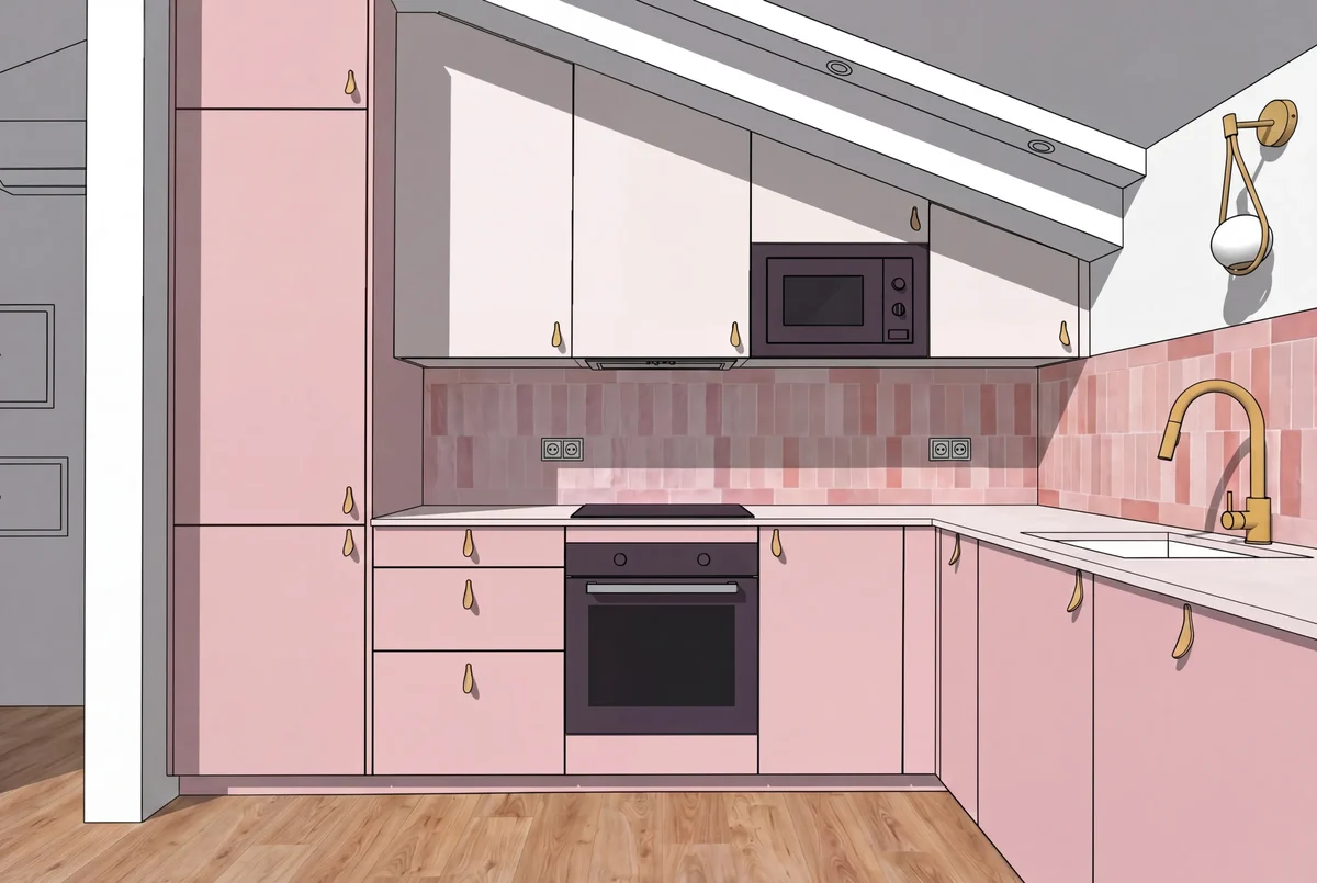 Vista kitchen design rendering &mdash; 2D drawing of the lavender cabinetry, pink tile backsplash, brass fixtures, oak floor, view to dining beyond